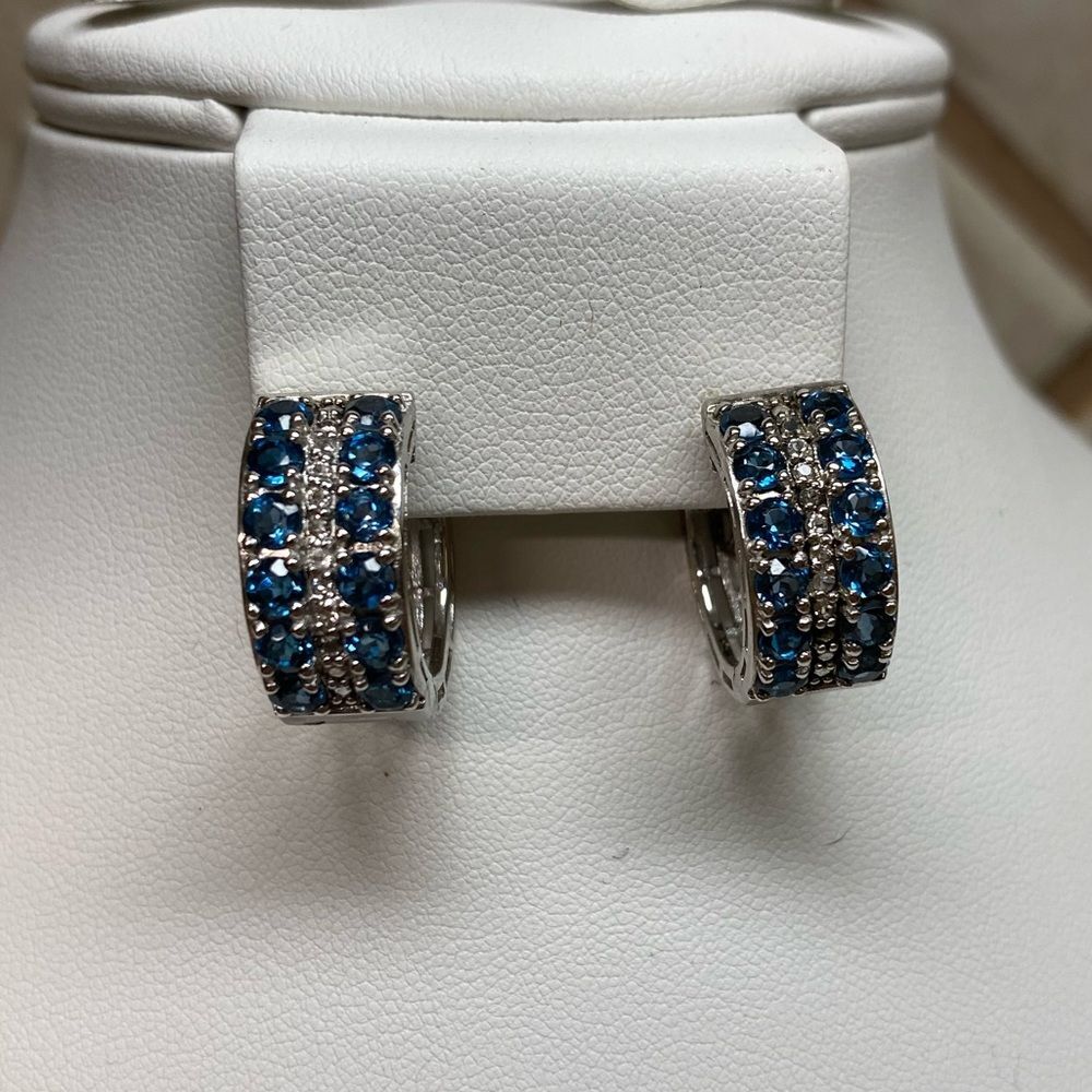 London Blue Topaz Earrings with White Topaz Sterling Silver Huggie Style EUC